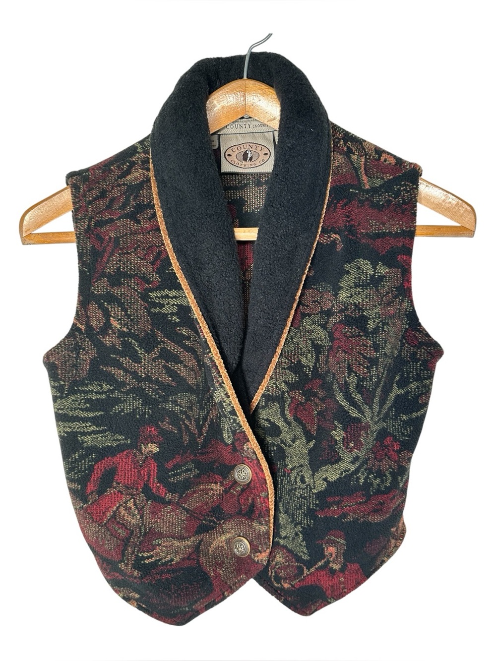 Vintage Fleece Vest Equestrian Hunting Tapestry Print Size XS Heritage Old Money